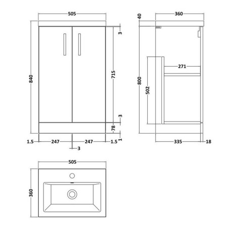 PAL118 Nuie Arno 500mm Satin Green Compact Floor Standing Unit with Basin Line Drawing