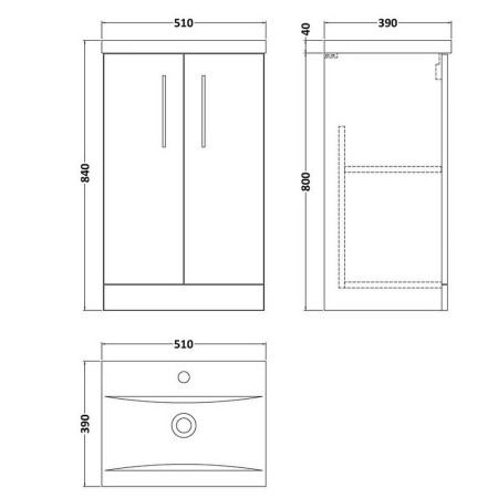 ARN2201 Nuie Arno 500mm Satin Grey Floor Standing Two Door Vanity Unit with Basin Line Drawing