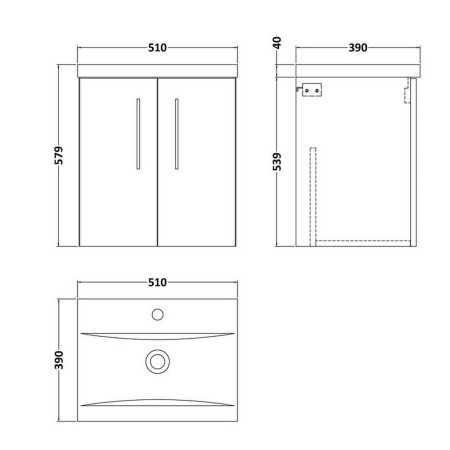 ARN2221 Nuie Arno 500mm Satin Grey Wall Hung Two Door Vanity Unit with Basin Line Drawing