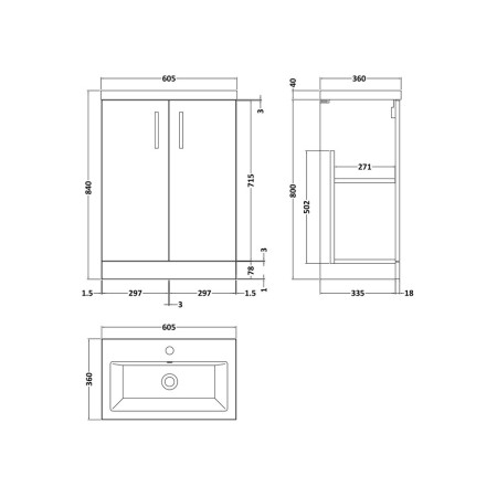 PAL033 Nuie Arno 600mm Bleached Oak Compact Vanity Unit with Basin Dimensions