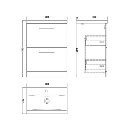 ARN3033 Nuie Arno 600mm Bleached Oak Floorstanding Two Drawer Vanity Unit with Basin Line Drawing