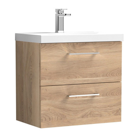 Nuie Arno 600mm Bleached Oak Wall Hung Two Drawer Vanity Unit with Basin