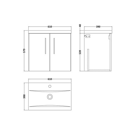 ARN3023 Nuie Arno 600mm Bleached Oak Wall Hung Vanity Unit with Basin Line Drawing
