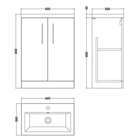 PAL123 Nuie Arno 600mm Solace Oak Woodgrain Compact Floor Standing Unit with Basin Line Drawing