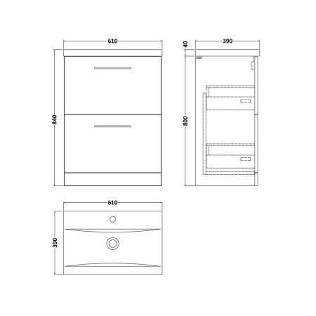ARN133 Nuie Arno 600mm Gloss White Floor Standing Vanity Unit with Two Drawers and Basin Line Drawing