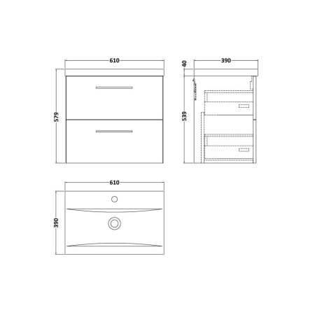 ARN2924 Nuie Arno 600mm Midnight Blue Wall Hung Two Drawers Vanity Unit with Basin Line Drawing
