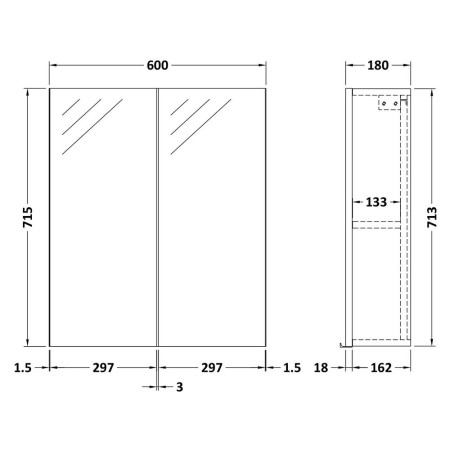 OFF117 Nuie Arno 600mm Mirror Cabinet Gloss White Line Drawing