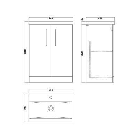 ARN1403 Nuie Arno 600mm Satin Anthracite Floor Standing Two Door Vanity Unit with Basin Line Drawing