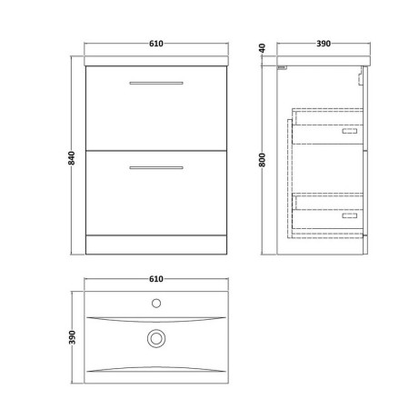 ARN1433 Nuie Arno 600mm Satin Anthracite Floor Standing Two Drawer Vanity Unit with Basin Line Drawing