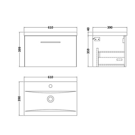 ARN1422 Nuie Arno 600mm Satin Anthracite Wall Hung One Drawer Vanity Unit with Basin Line Drawing