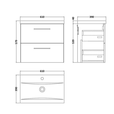 ARN1424 Nuie Arno 600mm Satin Anthracite Wall Hung Two Drawer Vanity Unit with Basin Line Drawing