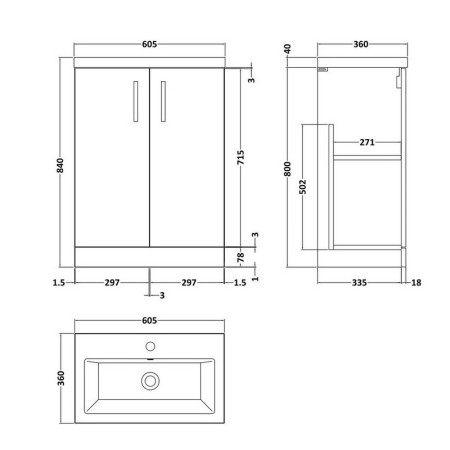 PAL031 Nuie Arno 600mm Satin Grey Floor Standing Compact Vanity Unit with Basin (2)