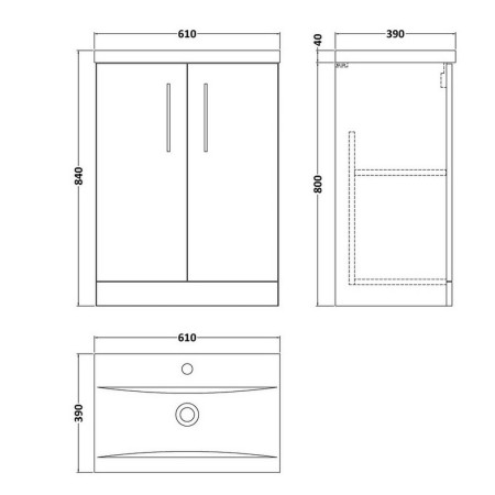 ARN2203 Nuie Arno 600mm Satin Grey Floor Standing Two Door Vanity Unit with Basin Line Drawing