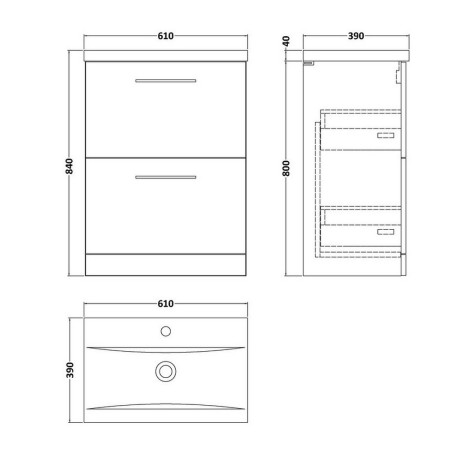 ARN2233 Nuie Arno 600mm Satin Grey Floor Standing Two Drawer Vanity Unit with Basin (2)