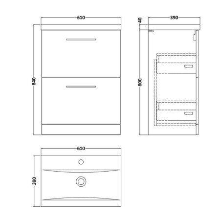 ARN2233 Nuie Arno 600mm Satin Grey Floor Standing Two Drawer Vanity Unit with Basin Line Drawing