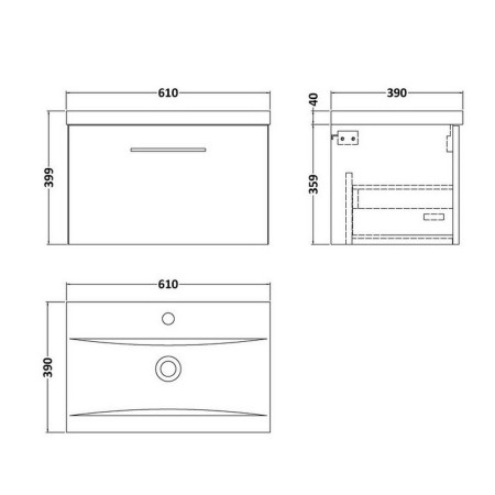 ARN2222 Nuie Arno 600mm Satin Grey Wall Hung One Drawer Vanity Unit with Basin Line Drawing