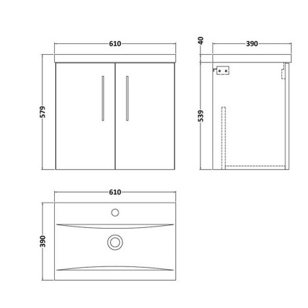 ARN1423 Nuie Arno 600mm Satin Anthracite Wall Hung Two Door Vanity Unit with Basin Line Drawing
