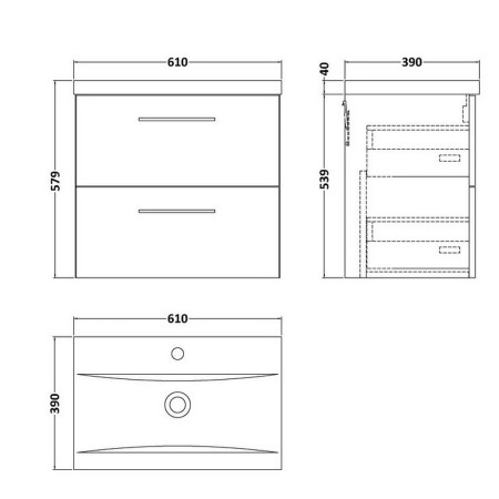 ARN2224 Nuie Arno 600mm Satin Grey Wall Hung Two Drawer Vanity Unit with Basin Line Drawing
