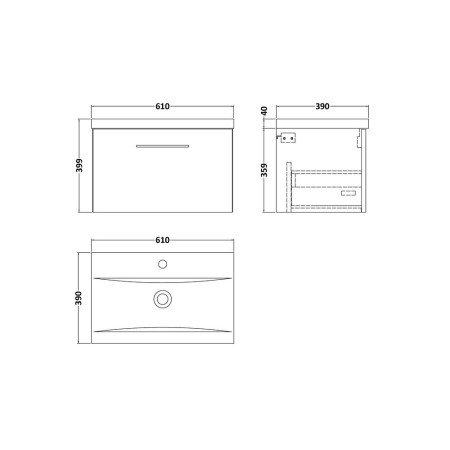 ARN122A Nuie Arno 600mm White Wall Hung One Drawer Vanity Unit with Basin Line Drawing