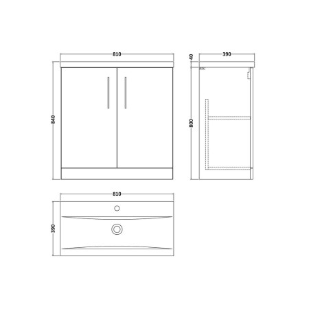 ARN3005 Nuie Arno 800mm Bleached Oak Floorstanding Two Door Vanity Unit with Basin Line Drawing