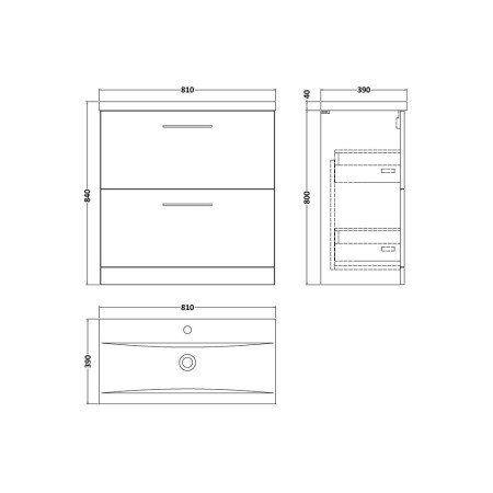 ARN3035 Nuie Arno 800mm Bleached Oak Floorstanding Two Drawer Vanity Unit with Basin Line Drawing