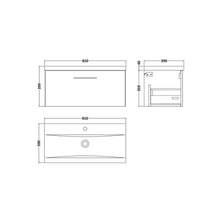 ARN3025 Nuie Arno 800mm Bleached Oak Wall Hung One Drawer Vanity Unit with Basin Line Drawing