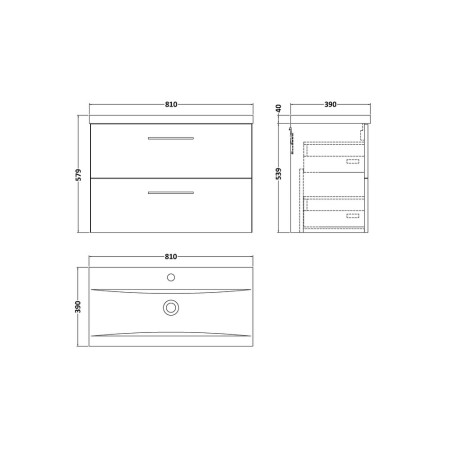 ARN3026 Nuie Arno 800mm Bleached Oak Wall Hung Two Drawer Vanity Unit with Basin Line Drawing