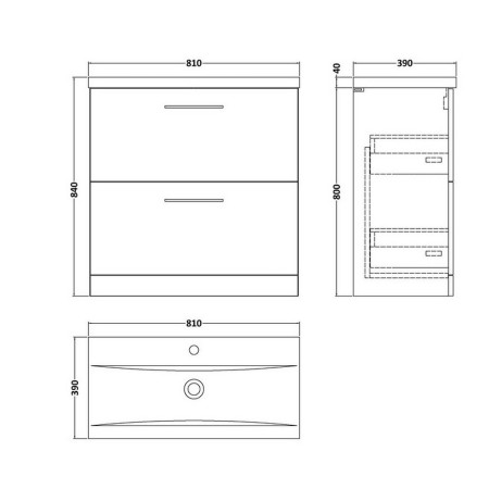 ARN1435 Nuie Arno 800mm Satin Anthracite Floor Standing Two Drawer Vanity Unit with Basin Line Drawing