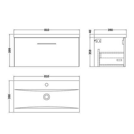 ARN1425 Nuie Arno 800mm Satin Anthracite Wall Hung One Drawer Vanity Unit with Basin Line Drawing