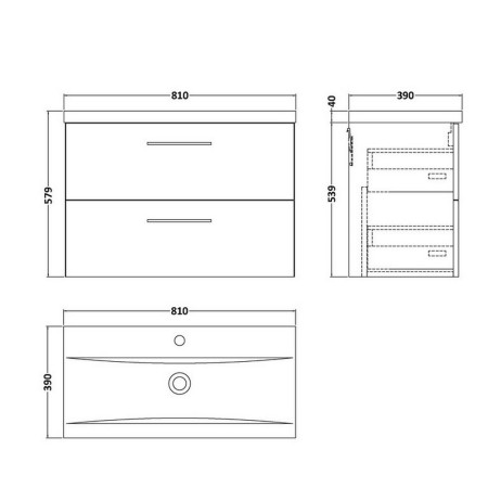 ARN1426 Nuie Arno 800mm Satin Anthracite Wall Hung Two Drawer Vanity Unit with Basin Line Drawing