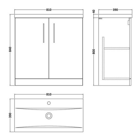 ARN2205 Nuie Arno 800mm Satin Grey Floor Standing Two Door Vanity Unit with Basin Line Drawing