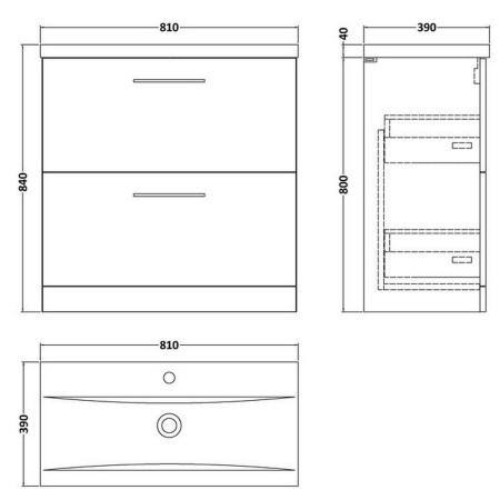 ARN2235 Nuie Arno 800mm Satin Grey Floor Standing Two Drawer Vanity Unit with Basin Line Drawing