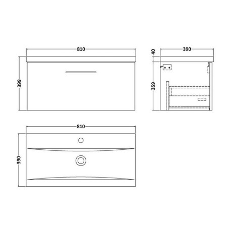 ARN2225 Nuie Arno 800mm Satin Grey Wall Hung One Drawer Vanity Unit with Basin Line Drawing