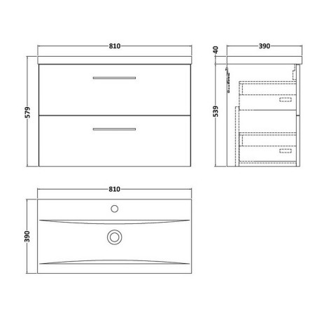 ARN2226 Nuie Arno 800mm Satin Grey Wall Hung Two Drawer Vanity Unit with Basin Line Drawing
