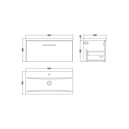 ARN2525 Nuie Arno 800mm Oak Wall Hung One Drawer Vanity Unit with Basin Line Drawing