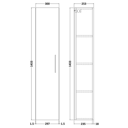 NVF2961 Nuie Arno Blue Wall Hung 300mm Tall Unit Single Door Dimensions