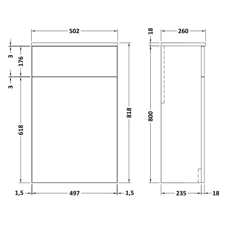 NVF141 Nuie Arno White 500mm Back To Wall WC Unit Dimensions