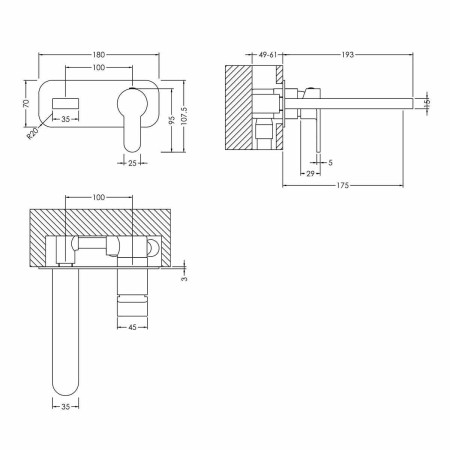 Nuie Arvan Brushed Brass 2TH Basin Mixer Wall Mounted Line Drawing