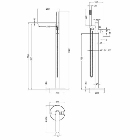 Nuie Arvan Brushed Brass Bath Shower Mixer Freestanding with Kit Line Drawing