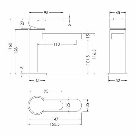 Nuie Arvan Brushed Brass Mono Basin Mixer with Push Button Waste Technical Drawing