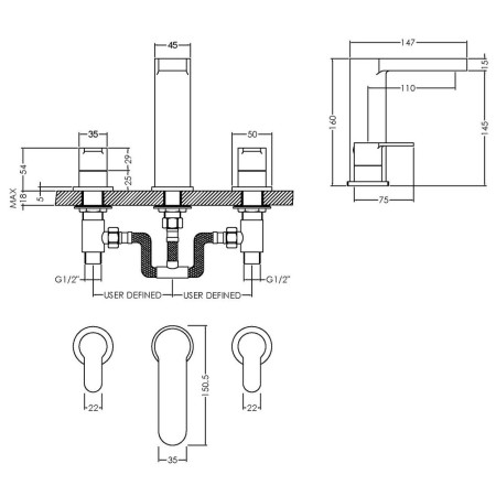 ARV337 Nuie Arvan Chrome 3TH Basin Mixer With Pop Up Waste Line