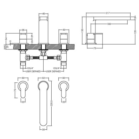 ARV333 Nuie Arvan Chrome 3TH Bath Filler Line