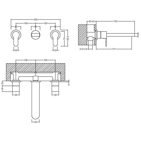 ARV317 Nuie Arvan Chrome 3TH Wall Mounted Basin Mixer Line