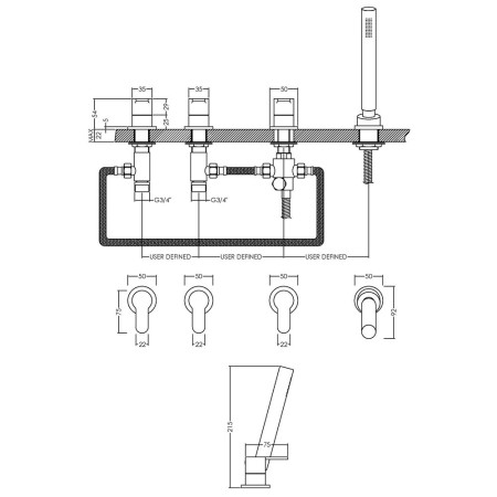 ARV334 Nuie Arvan Chrome 4TH Bath and Shower Mixer Line