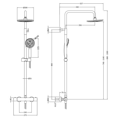 JTY475 Nuie Arvan Rounded Thermostatic Bar Shower with Telescopic Kit Black Dimensions