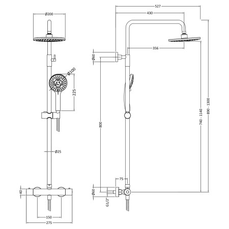 JTY875 Nuie Arvan Rounded Thermostatic Bar Shower with Telescopic Kit Brushed Brass Dimensions