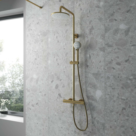 JTY875 Nuie Arvan Rounded Thermostatic Bar Shower with Telescopic Kit Brushed Brass Lifestyle