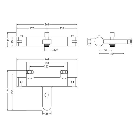 ARV005 Nuie Arvan Wall Mounted Thermostatic Bath Shower Mixer in Chrome Line Drawing