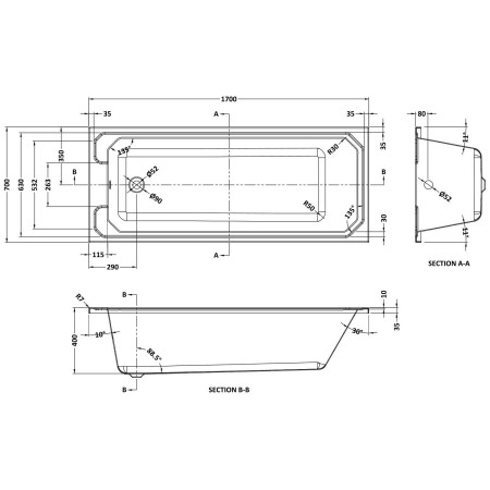 NLB109 Nuie Ascott Art Deco 1700 x 700mm Single Ended Bath Line Drawing