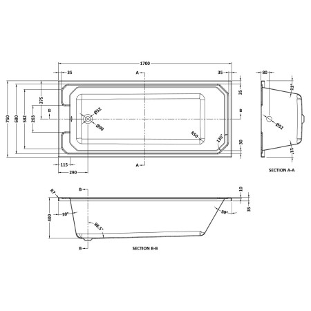 NLB110 Nuie Ascott Art Deco 1700 x 750mm Single Ended Bath Line Drawing